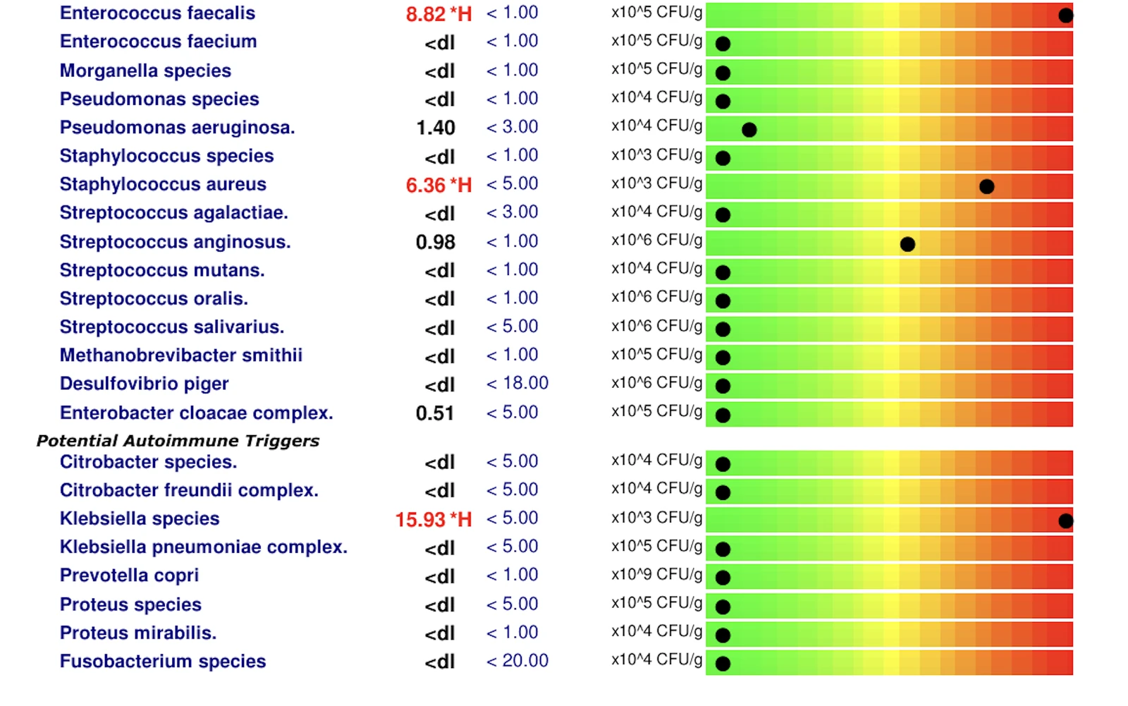 GI-MAP opportunistic bacteria table. Klebsiella species is flagged high at 15.93 against a reference range of under 5.00; Enterococcus faecalis (8.82) and Staphylococcus aureus (6.36) are also flagged high.