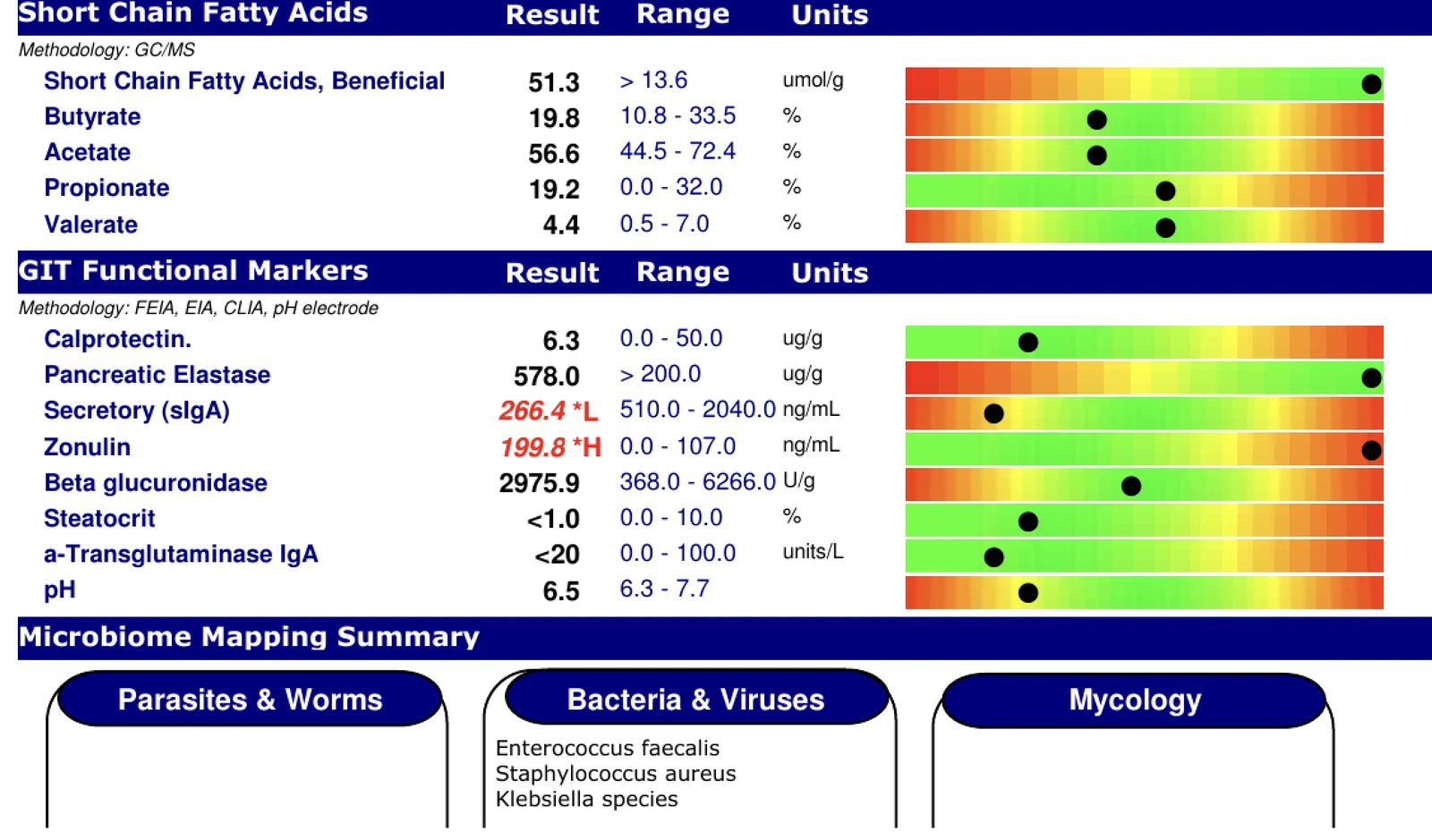 GI-MAP short chain fatty acids and GI functional markers. Secretory IgA is flagged low at 266.4 (range 510.0 to 2040.0) and zonulin is flagged high at 199.8 (range 0.0 to 107.0).