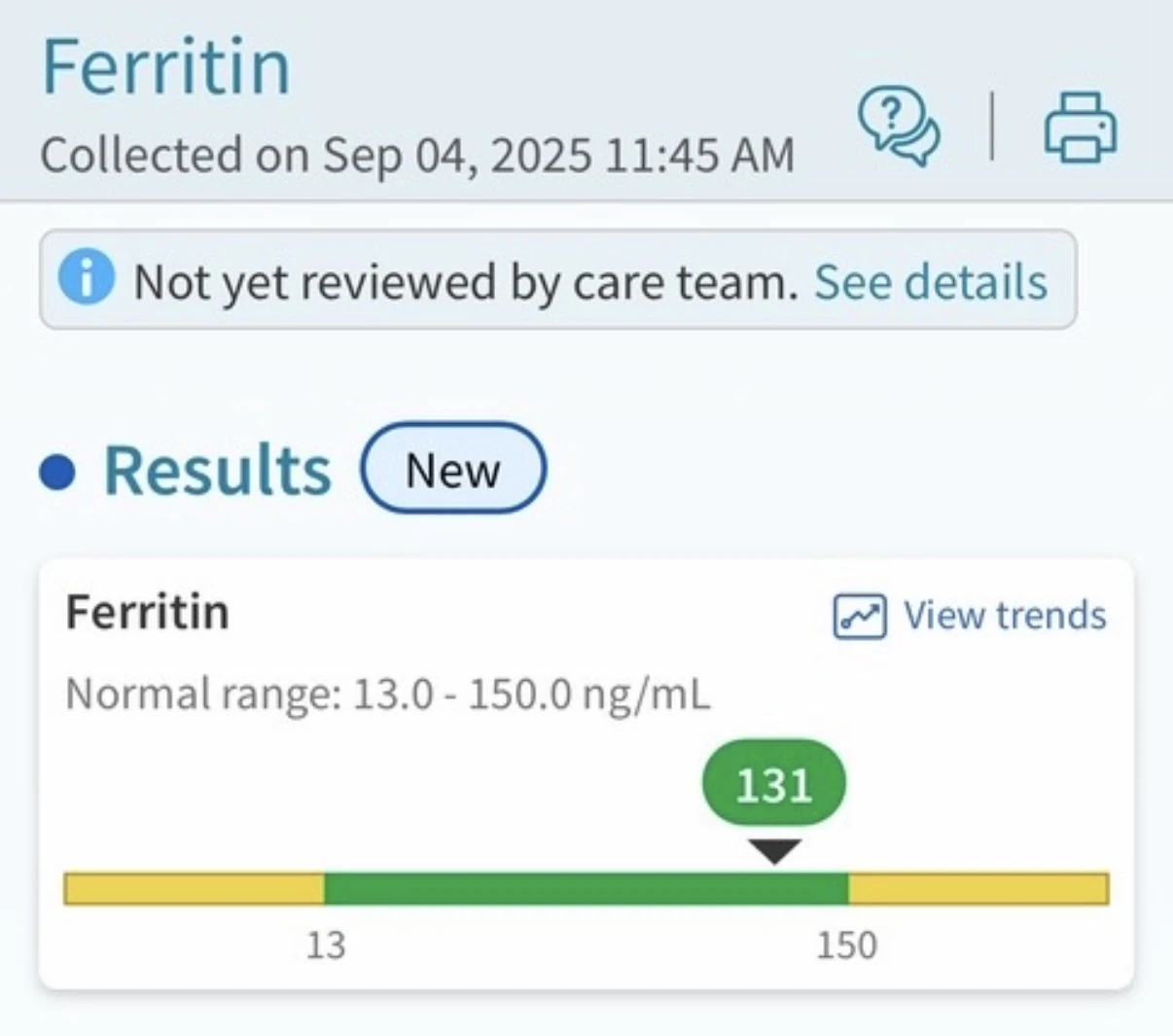 Lab app screenshot: ferritin 131, collected September 4, 2025, inside the normal range of 13.0–150.0 ng/mL.