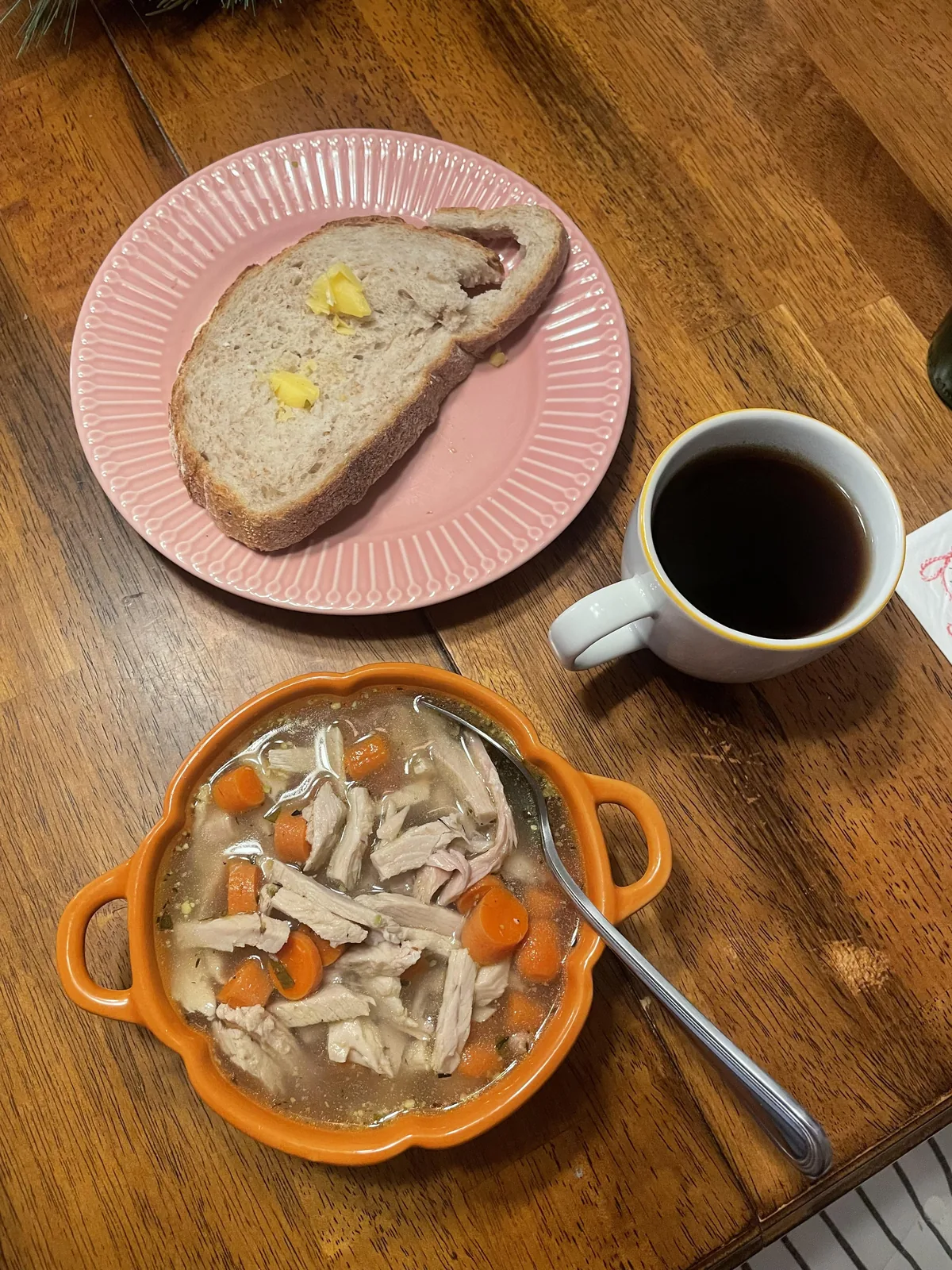 My first meal after the elemental diet: turkey and carrots in broth, sourdough with butter and black tea