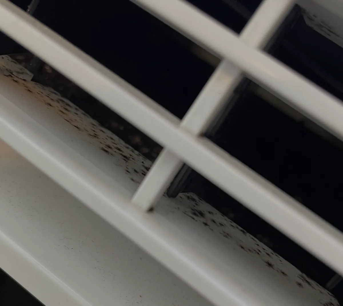 Close-up of the A/C unit’s white plastic vents speckled with black mold.