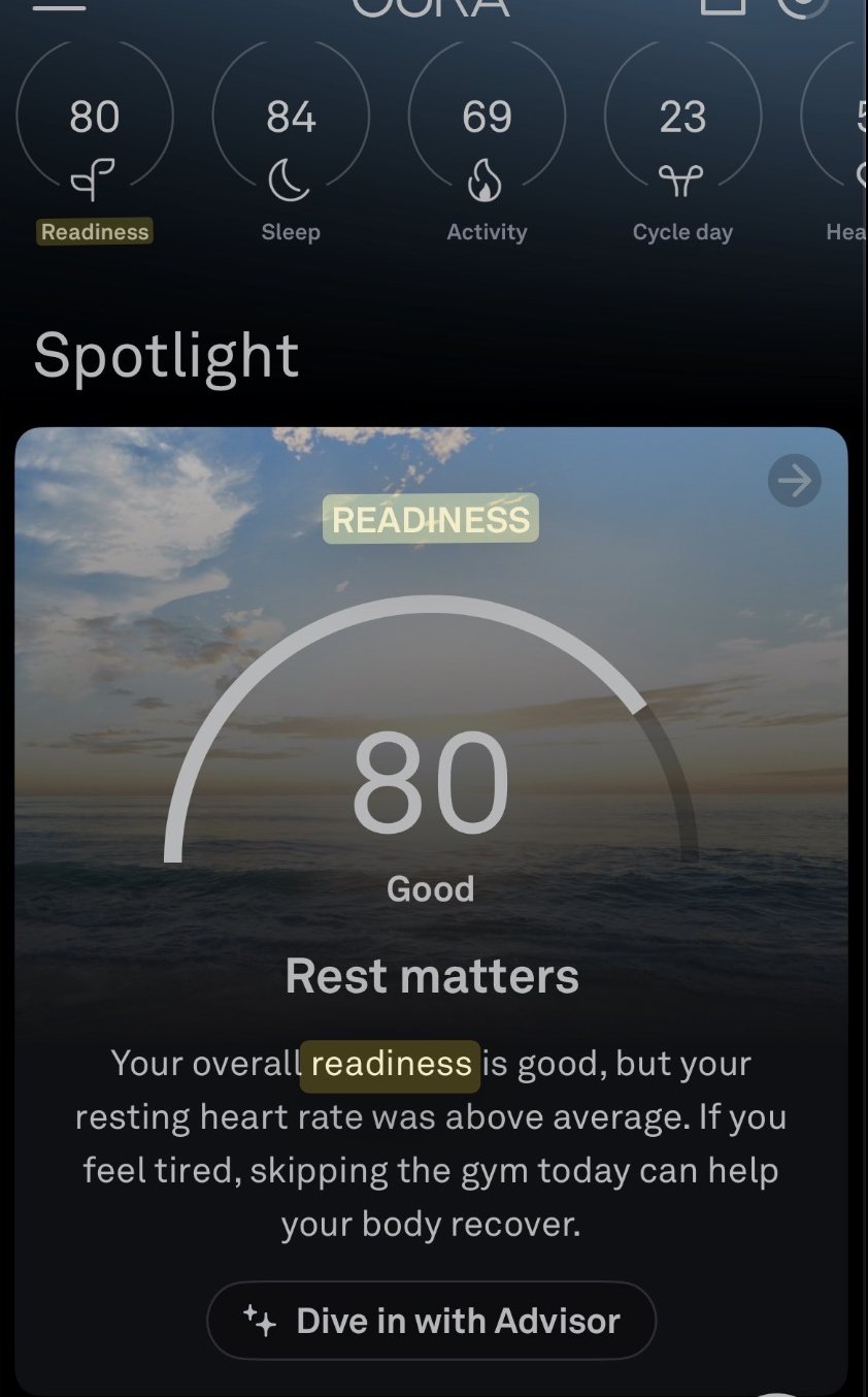 Oura Today screen on August 24, 2025: readiness 80, Good, sleep 84. Rest matters: resting heart rate was above average.
