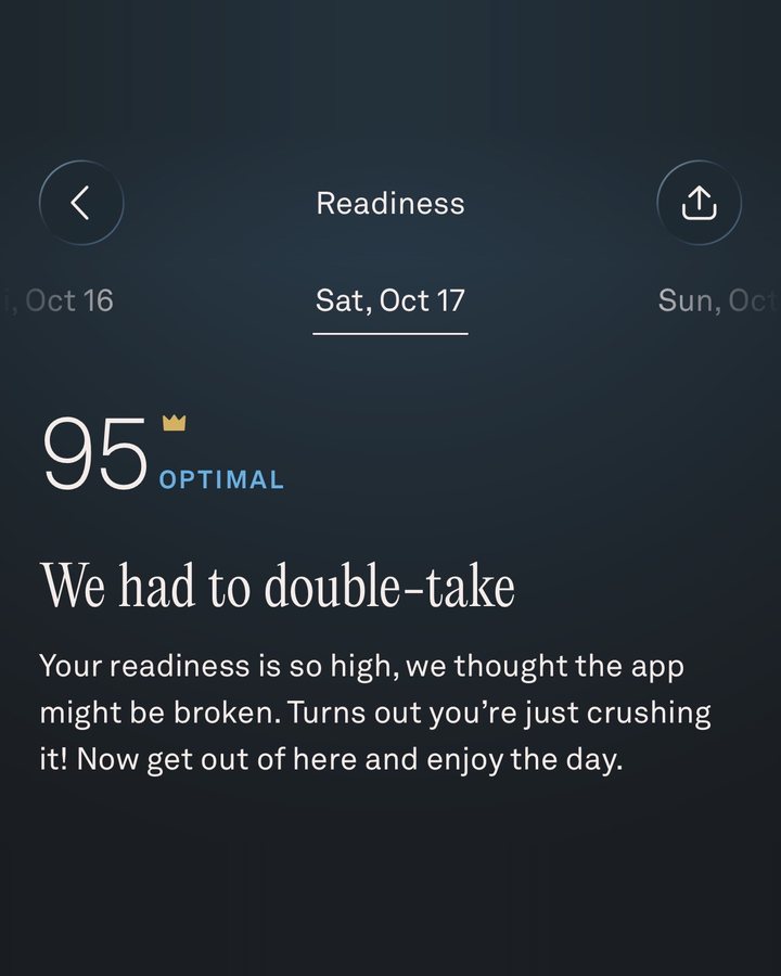 After: my Oura readiness score of 95, Optimal, on October 17, 2026