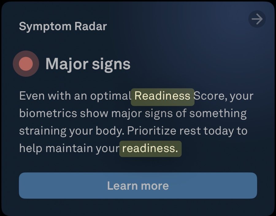 Oura Symptom Radar card on June 19, 2025: Major signs. Even with an optimal Readiness Score, biometrics show major signs of something straining the body.