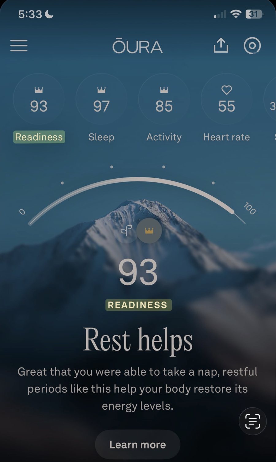 Oura Today screen on November 30, 2025: readiness 93, sleep 97, Rest helps, after a nap.