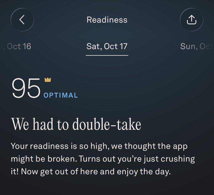 Oura readiness screen for Saturday, October 17: score 95, Optimal, We had to double-take.