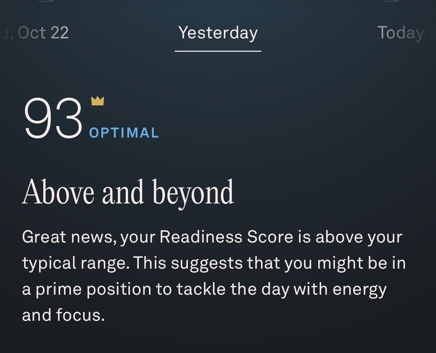 Oura readiness screen for October 23: score 93, Optimal, Above and beyond.