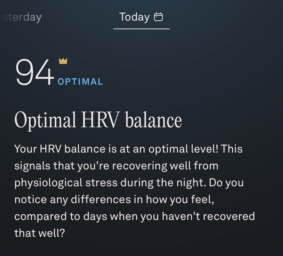 Oura readiness screen for October 24: score 94, Optimal, Optimal HRV balance.